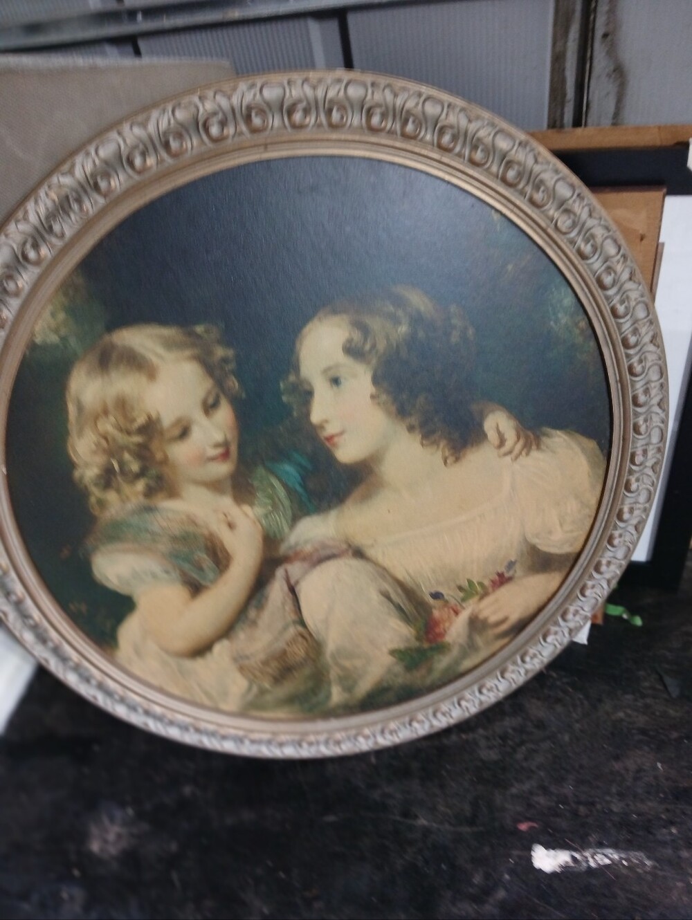 Vintage Round Framed Portrait of Two Girls in Cream and Teal